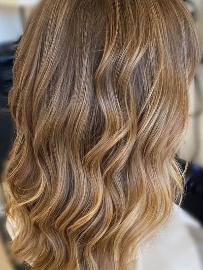 Back view of shoulder-length wavy hair with honey-blonde balayage blending into lighter ends